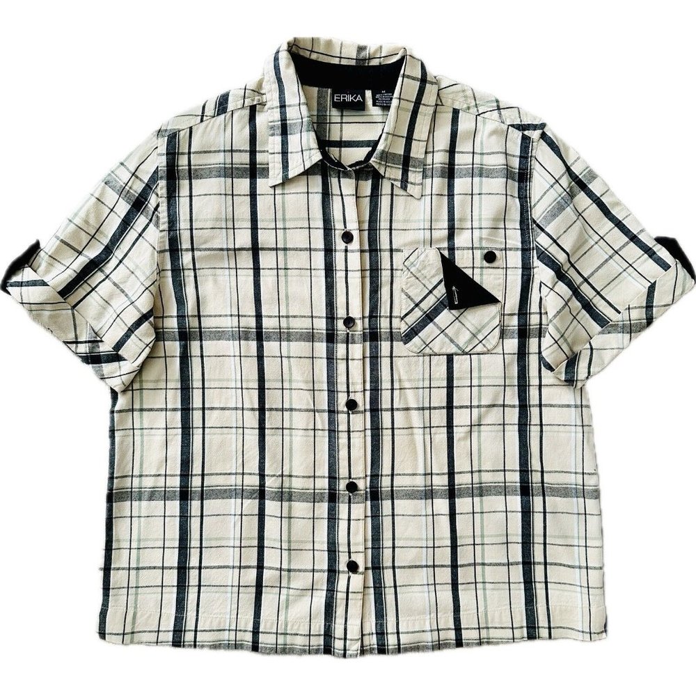ERIKA Womens Sz M Button Up Short Sleeve Shirt Beige Plaid W/ Button Pocket